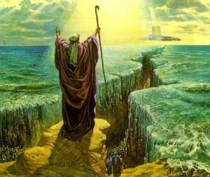 God parts the Red Sea using Moses